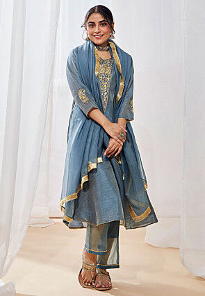 Embroidered Art Silk A Line Suit in Grey