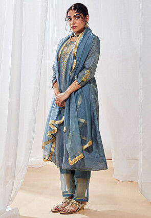 Embroidered Art Silk A Line Suit in Grey