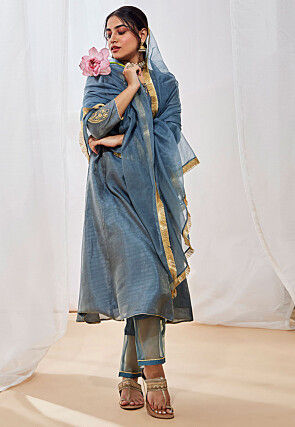 Embroidered Art Silk A Line Suit in Grey