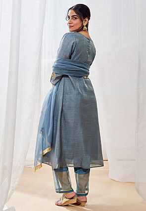 Embroidered Art Silk A Line Suit in Grey