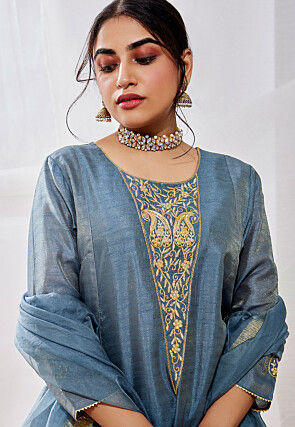Embroidered Art Silk A Line Suit in Grey