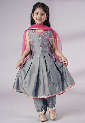 Embroidered Art Silk A Line Suit in Grey