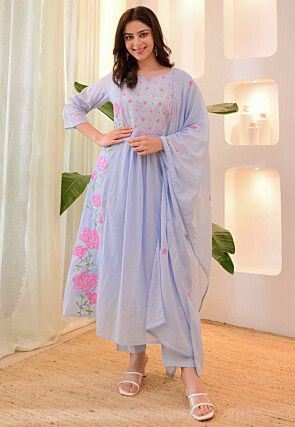 Embroidered Art Silk A Line Suit in Light Blue