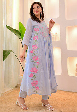 Embroidered Art Silk A Line Suit in Light Blue
