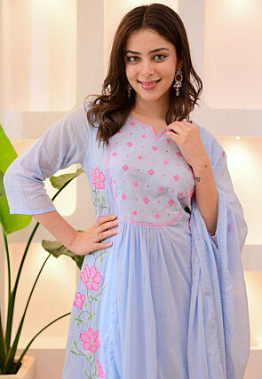 Embroidered Art Silk A Line Suit in Light Blue