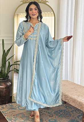 Embroidered Art Silk A Line Suit in Light Blue