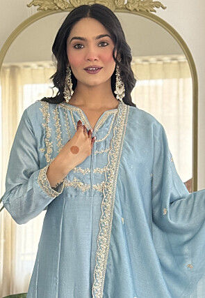 Embroidered Art Silk A Line Suit in Light Blue