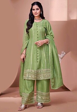 Embroidered Art Silk A Line Suit in Light Green