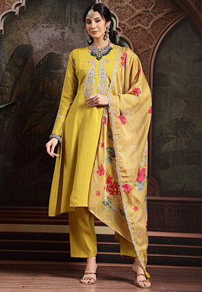 Embroidered Art Silk A Line Suit in Light Olive Green