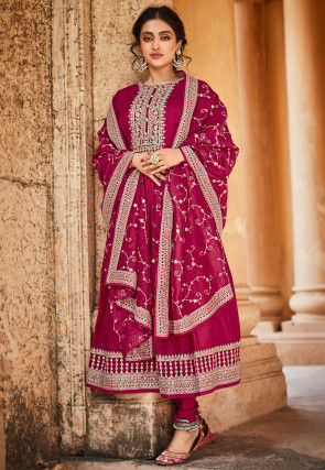 Embroidered Art Silk A Line Suit in Magenta