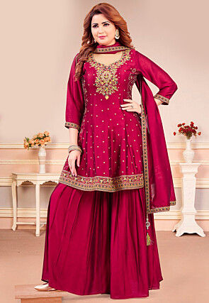 Embroidered Art Silk A Line Suit in Maroon
