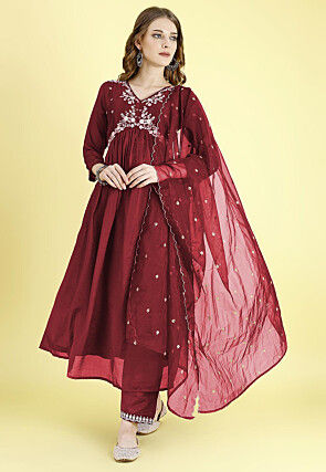 Embroidered Art Silk A Line Suit in Maroon