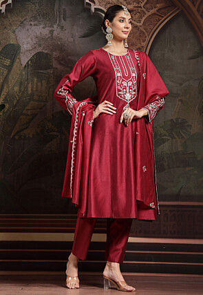 Embroidered Art Silk A Line Suit in Maroon