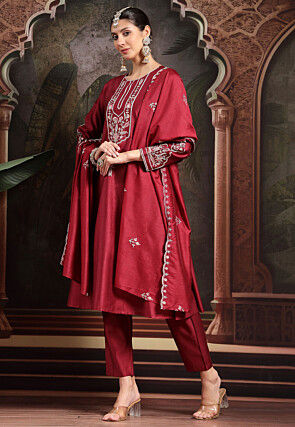 Embroidered Art Silk A Line Suit in Maroon