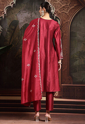 Embroidered Art Silk A Line Suit in Maroon