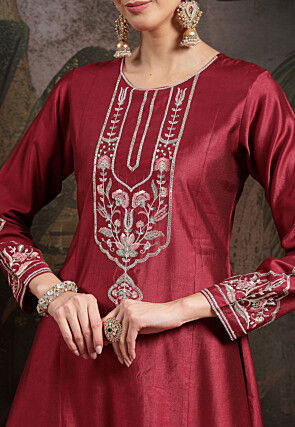 Embroidered Art Silk A Line Suit in Maroon