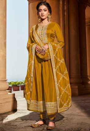 Embroidered Art Silk A Line Suit in Mustard