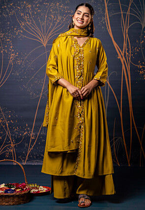 Embroidered Art Silk A Line Suit in Mustard