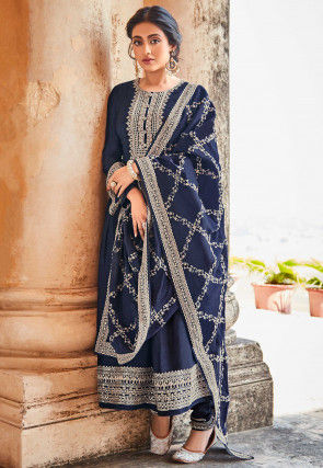 Embroidered Art Silk A Line Suit in Navy Blue