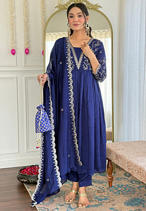 Embroidered Art Silk A Line Suit in Dark Blue