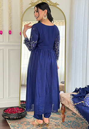 Embroidered Art Silk A Line Suit in Dark Blue