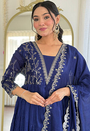 Embroidered Art Silk A Line Suit in Dark Blue