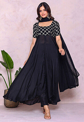 Embroidered Art Silk A Line Suit in Navy Blue