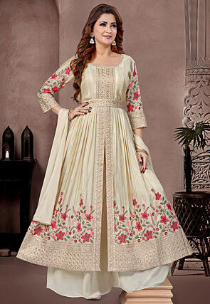 Embroidered Art Silk A Line Suit in Off White