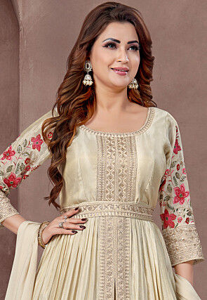 Embroidered Art Silk A Line Suit in Off White