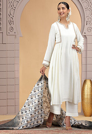 Embroidered Art Silk A Line Suit in Off White