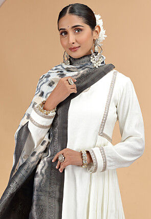 Embroidered Art Silk A Line Suit in Off White