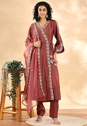Embroidered Art Silk A Line Suit in Old Rose