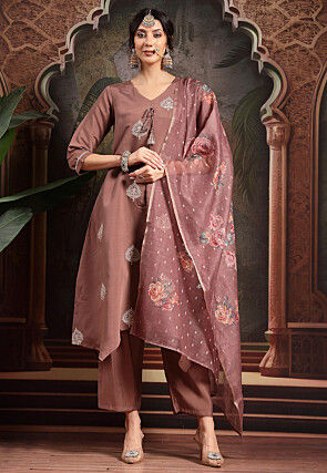 Embroidered Art Silk A Line Suit in Old Rose