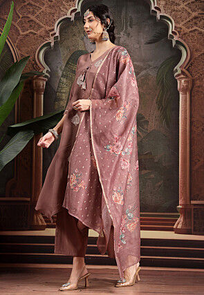 Embroidered Art Silk A Line Suit in Old Rose