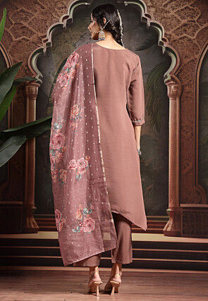 Embroidered Art Silk A Line Suit in Old Rose
