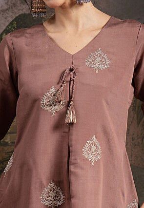 Embroidered Art Silk A Line Suit in Old Rose