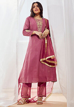 Embroidered Art Silk A Line Suit in Old Rose
