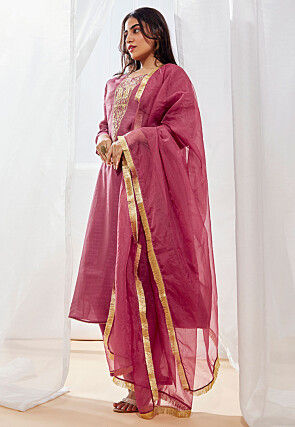 Embroidered Art Silk A Line Suit in Old Rose