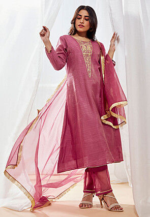 Embroidered Art Silk A Line Suit in Old Rose