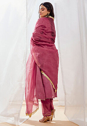 Embroidered Art Silk A Line Suit in Old Rose