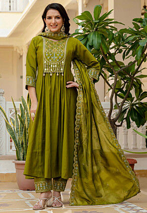 Embroidered Art Silk A Line Suit in Olive Green