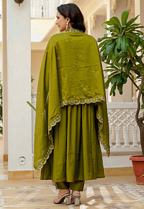 Embroidered Art Silk A Line Suit in Olive Green