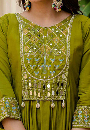 Embroidered Art Silk A Line Suit in Olive Green