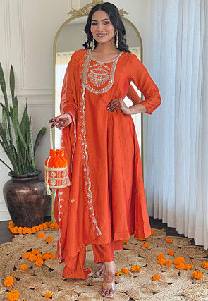 Embroidered Art Silk A Line Suit in Orange