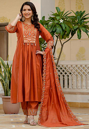 Embroidered Art Silk A Line Suit in Orange