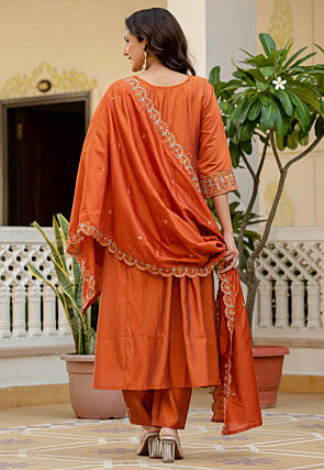 Embroidered Art Silk A Line Suit in Orange