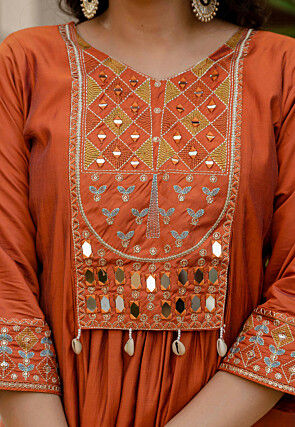 Embroidered Art Silk A Line Suit in Orange