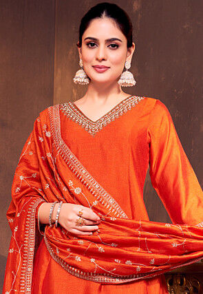 Embroidered Art Silk A Line Suit in Orange