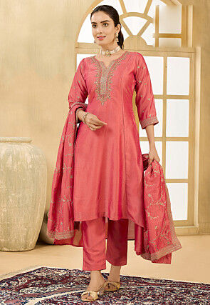 Embroidered Art Silk A Line Suit in Peach