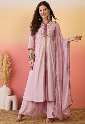 Embroidered Art Silk A Line Suit in Pink